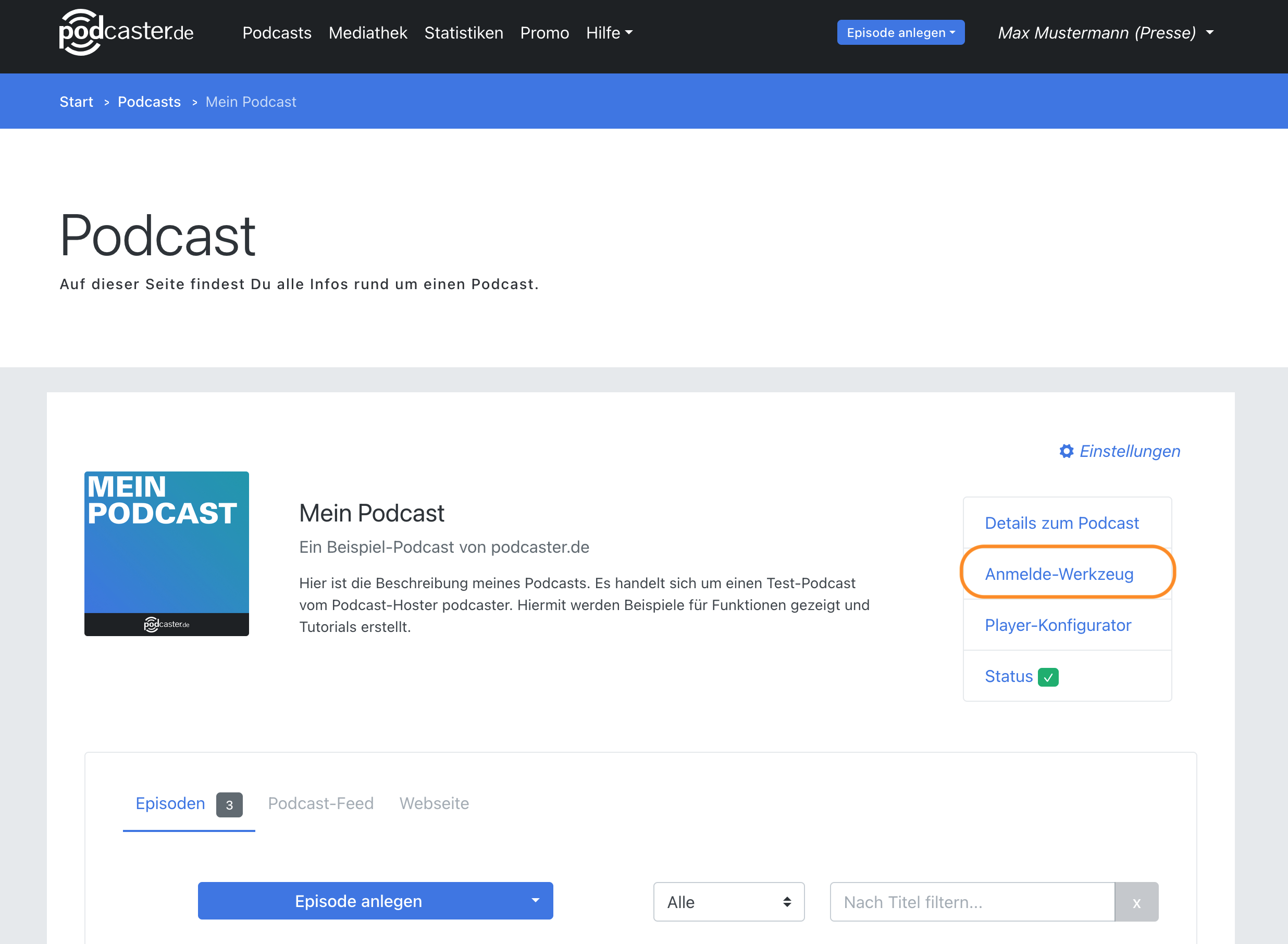 Anmelde-Werkzeug in der Podcast-Übersicht Anmelde-Werkzeug in der Podcast-Übersicht